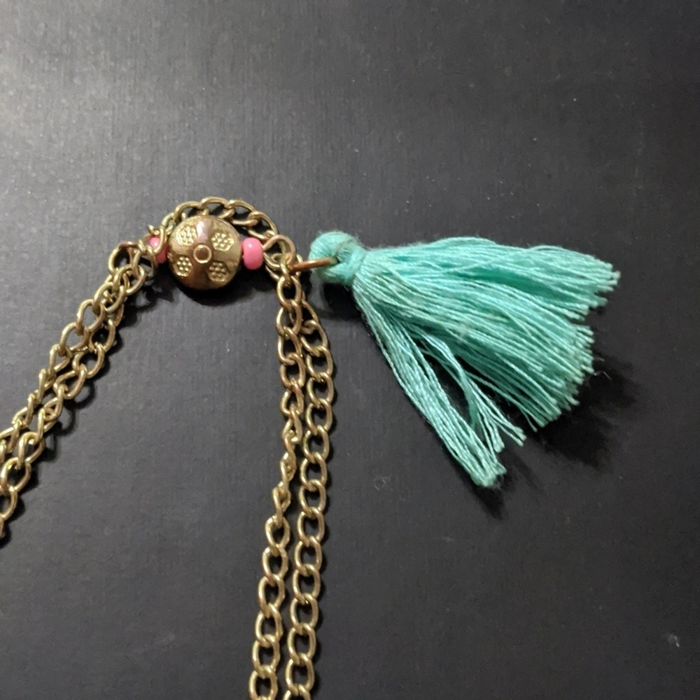 Gold Tone Silk Tassel and Crystal Bead Double Strand Statement Necklace - Picture 3 of 6